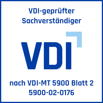 Das blaue Textlogo "VDI-geprüfter Sachverständiger nach VDI-MT 5900 Blatt 2 5900-02-0176" auf weißem Hintergrund mit blauem Rand