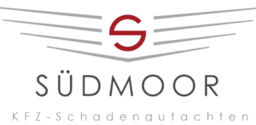 Das Südmoor KFZ-Schadengutachten Logo zeigt stilisierte Flügel, ein rotes S und moderne serifenlose Schrift auf weißem Hintergrund