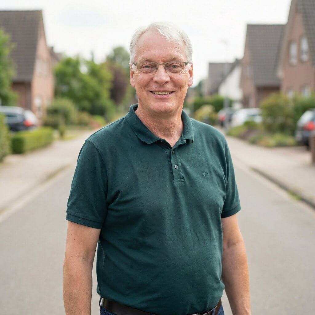 Älterer Mann mit Brille und grünem Polohemd steht freundlich lächelnd auf ruhiger Straße, bereit für Ihr Schadengutachten
