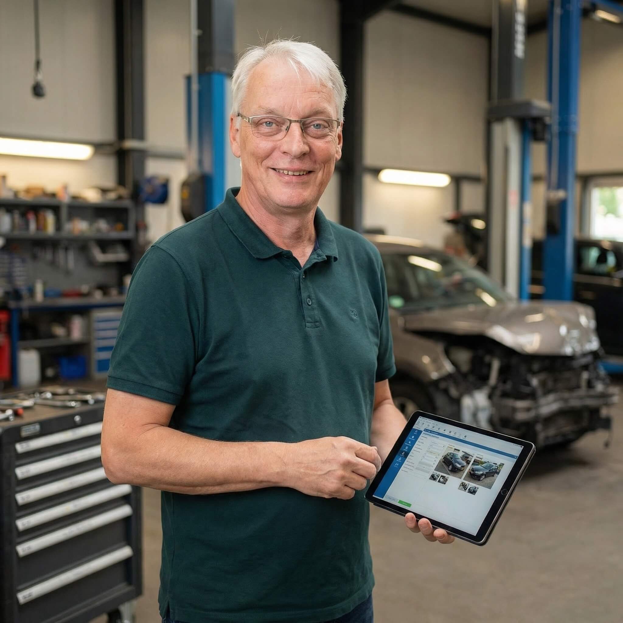 Ein lächelnder Mann in einer Werkstatt hält ein Tablet mit Schadengutachten, im Hintergrund ein beschädigtes Auto und Werkzeug