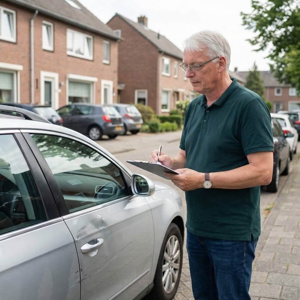Ein älterer Mann im grünen Poloshirt erstellt ein Unfallgutachten und notiert auf einem Klemmbrett neben einem verkratzten Auto auf der Wohnstraße