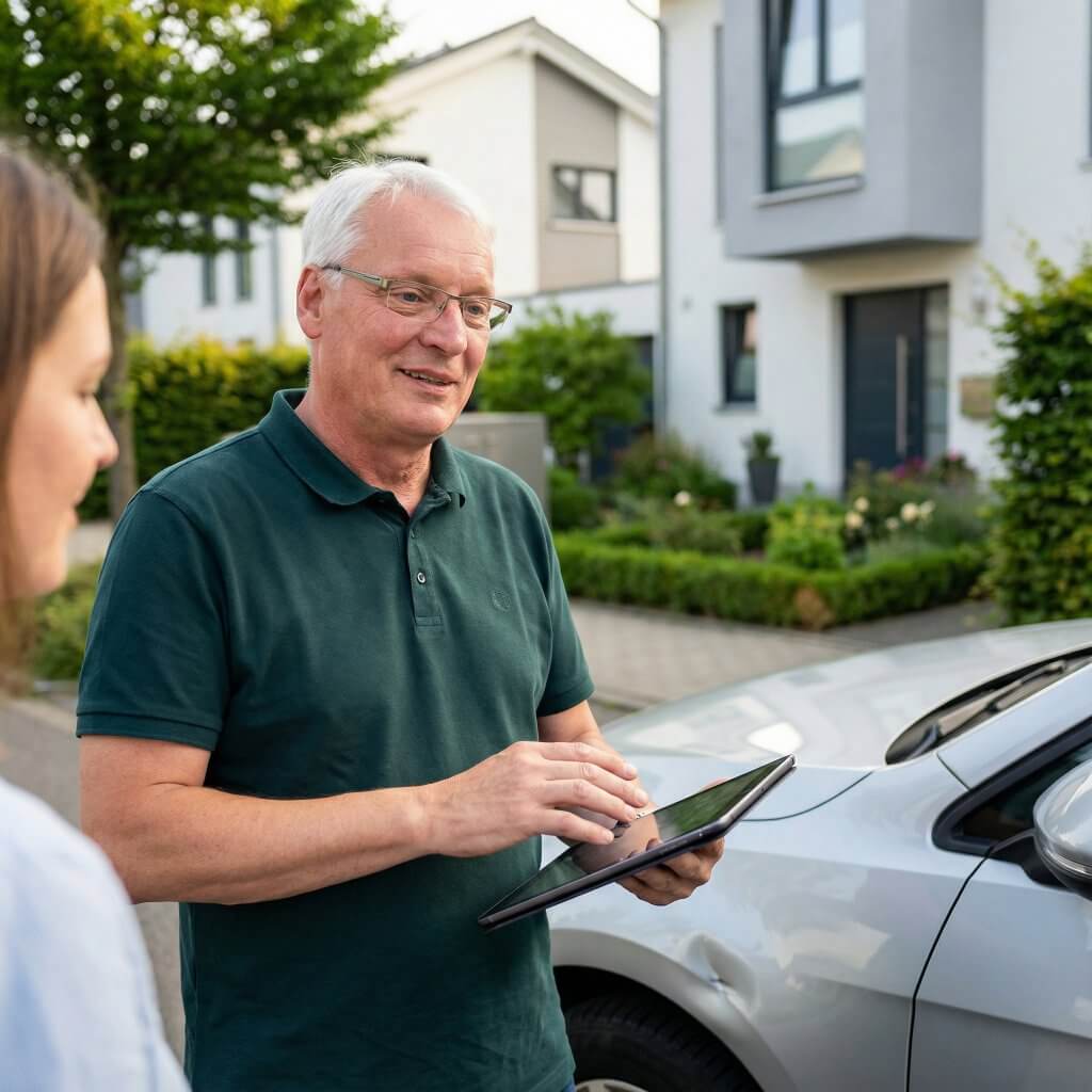 Ein älterer Mann mit Brille nutzt draußen bei einem Auto ein Tablet und unterhält sich in einer Wohngegend mit einer Frau