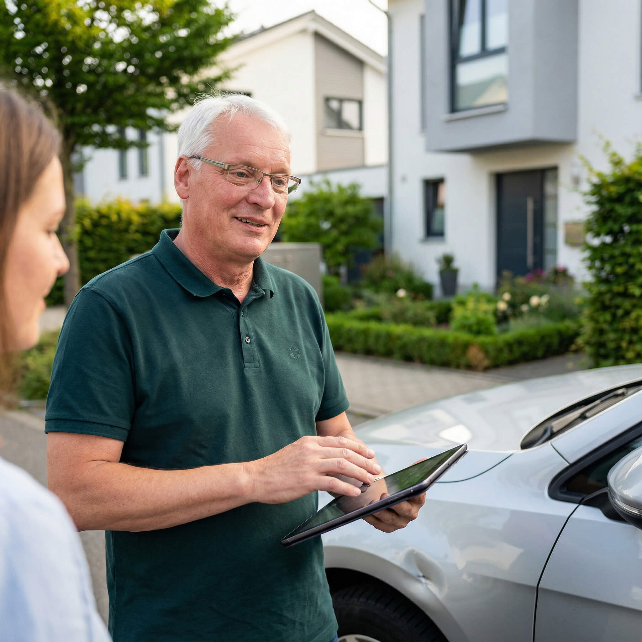 Ein älterer Mann mit Brille nutzt draußen bei einem Auto ein Tablet und unterhält sich in einer Wohngegend mit einer Frau