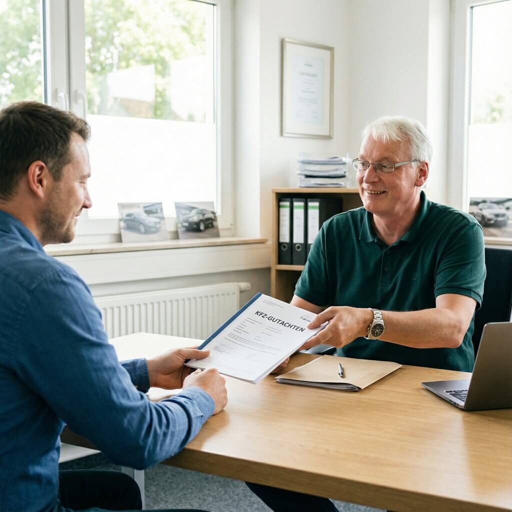 Zwei Männer sitzen in einem Büro an einem Schreibtisch, einer lächelt und überreicht dem anderen ein Dokument